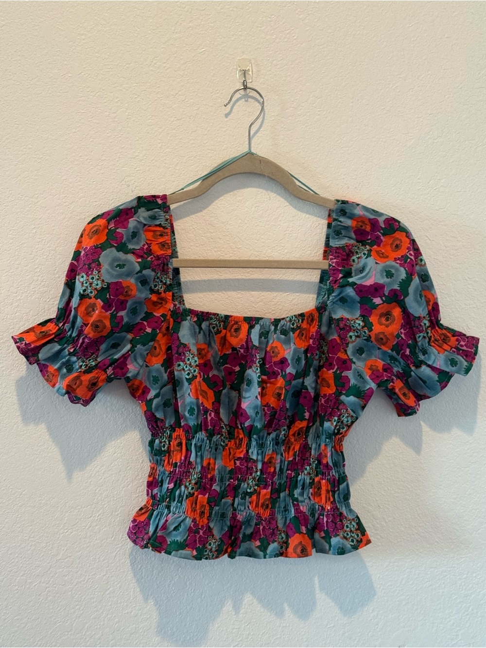 Dainty Hooligan Teal Crop Top with Orange & Magenta Floral Print